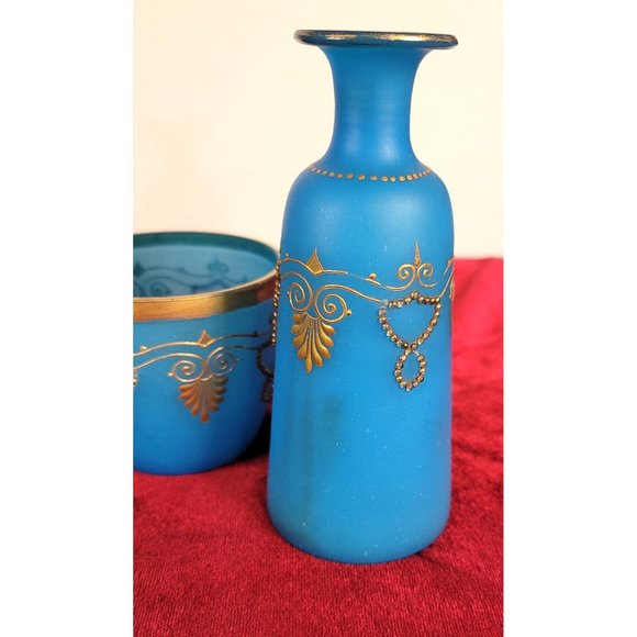 Blue Opaline Glass French Vase and Bowl with Gold Accent Gorgeous Set!  CT302 - Picture 5 of 13